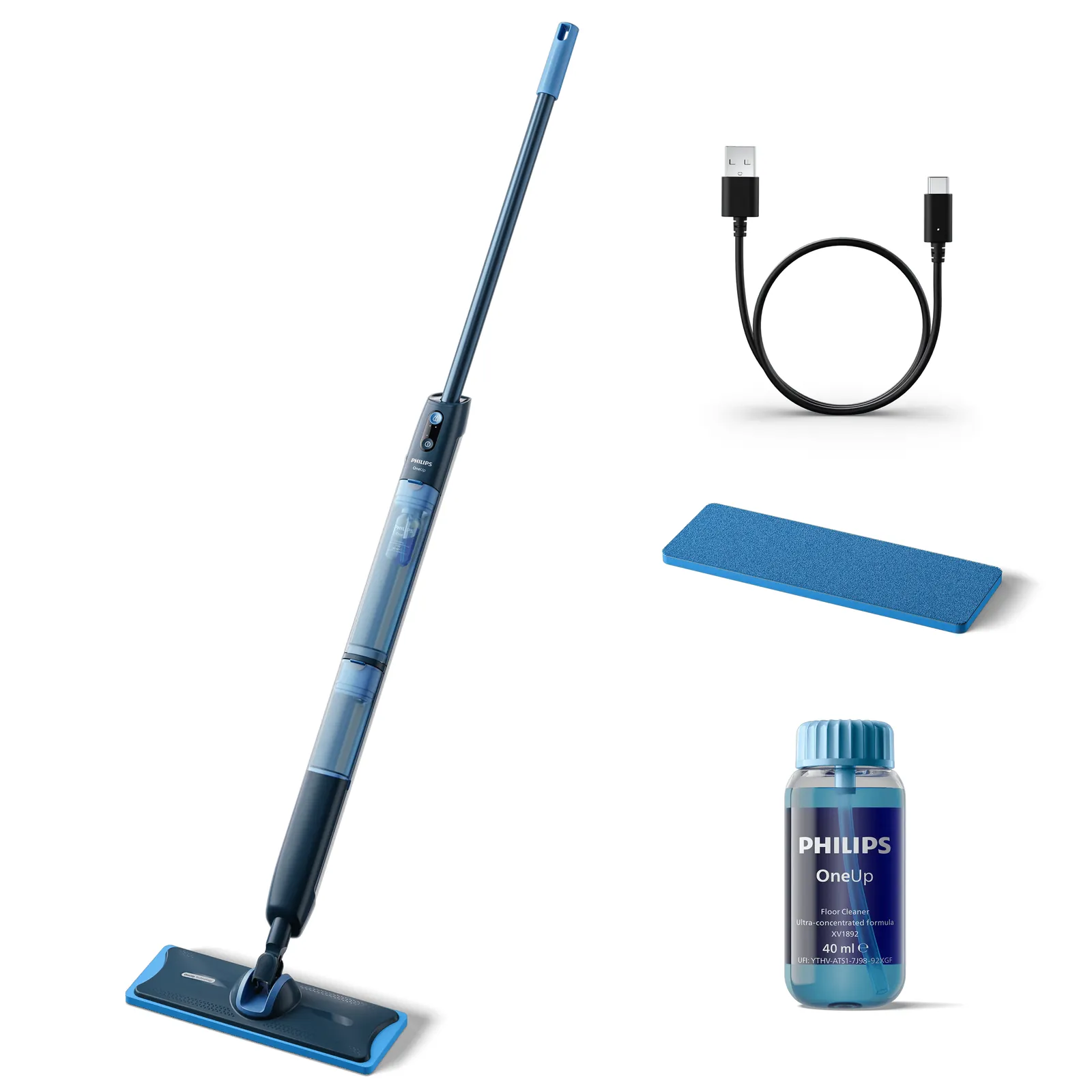 Philips OneUp met dweilpad, laadkabel en schoonmaakmiddel